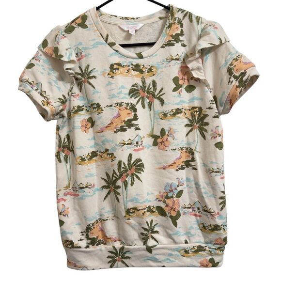 LC LAUREN CONRAD TROPICAL PRINT RUFFLE SHORT SLEEVE‎ TERRY CLOTH SWEATER TOP M - Picture 1 of 9